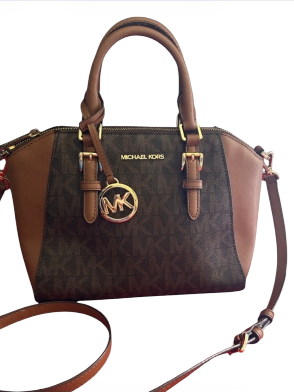 Michael Kors Ciara Brown and black Signature Logo Satchel with Gold Hardware